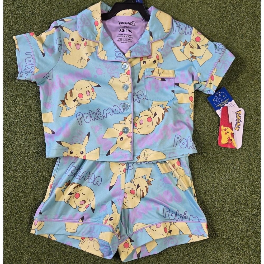 Pokémon Pikachu Girls XS (4/5) 2pc Button-Up Short Sleeve Pajama Set Blue